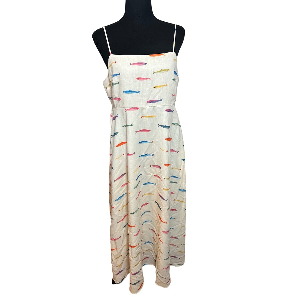 Baevely Capri Fish Print Midi Dress Cream Multicolor Sardine Summer Womens M
